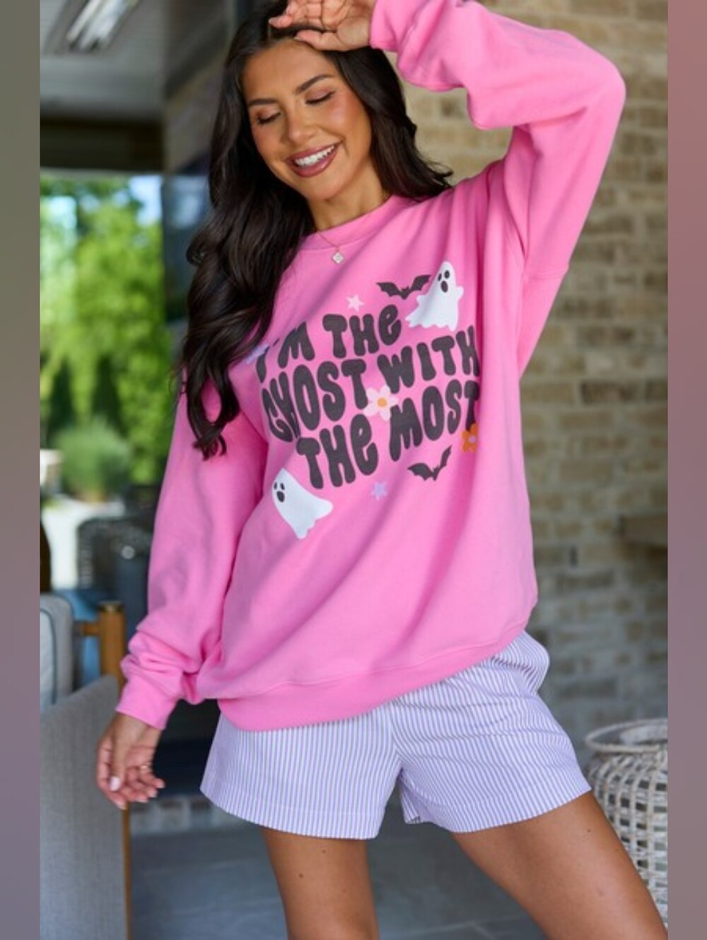 Pink Lily "I'm The Ghost With The Most" Pink Graphic Sweatshirt, Size Small